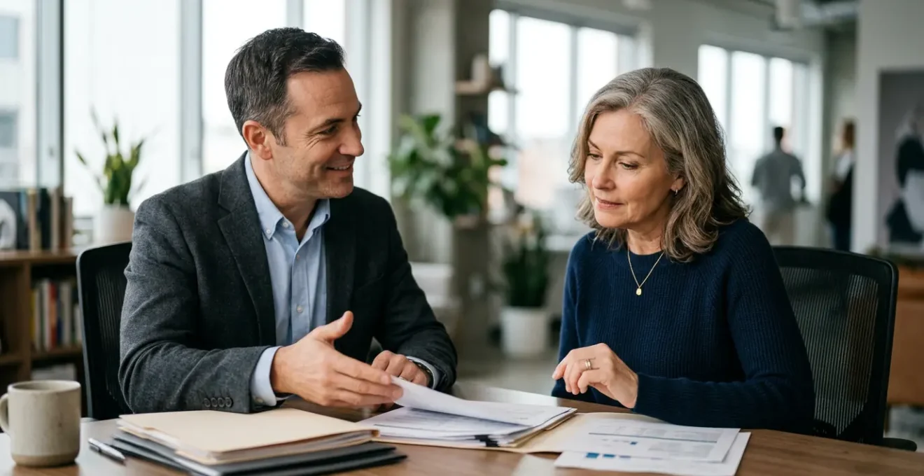 Personne consultant des documents officiels lors d'un entretien avec un conseiller financier pour obtenir un crédit immobilier