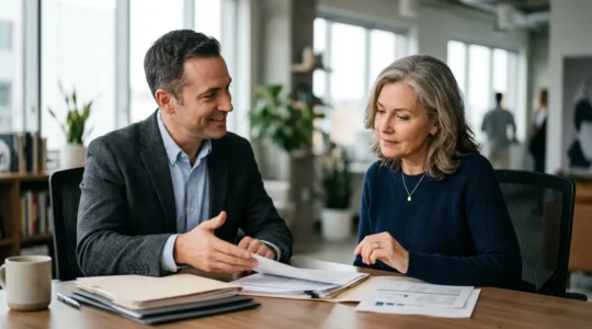 Personne consultant des documents officiels lors d'un entretien avec un conseiller financier pour obtenir un crédit immobilier