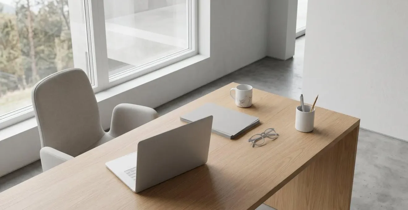 Vue large et minimaliste d'un espace de travail épuré avec lumière naturelle douce