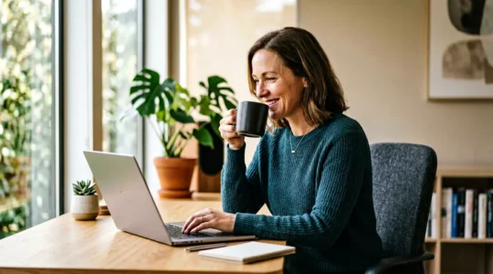 Propriétaire gérant sereinement ses locations depuis son domicile grâce à l'automatisation numérique