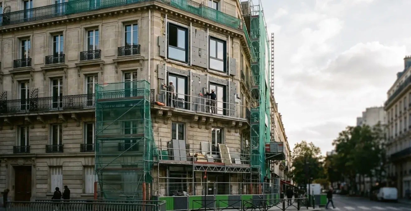 Façade d'un immeuble ancien en rénovation énergétique avec échafaudages dans une lumière douce d'après-midi