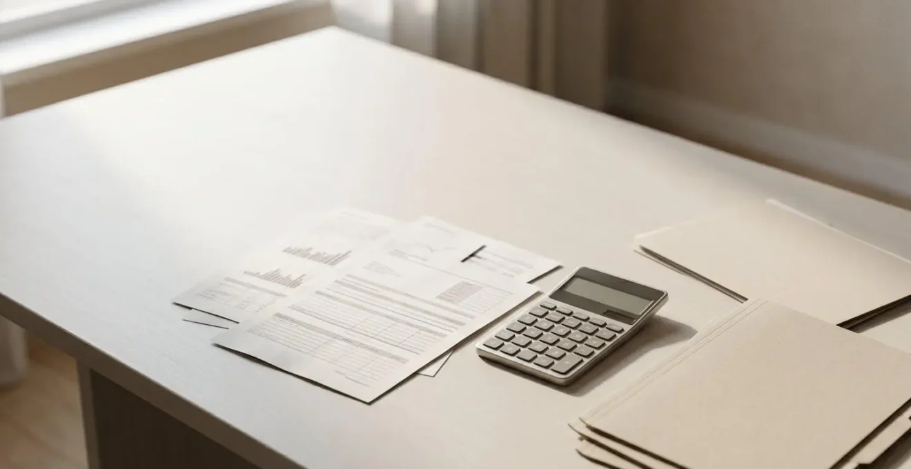 Vue d'ensemble minimaliste d'un espace de travail avec documents financiers et calculatrice, lumière naturelle douce