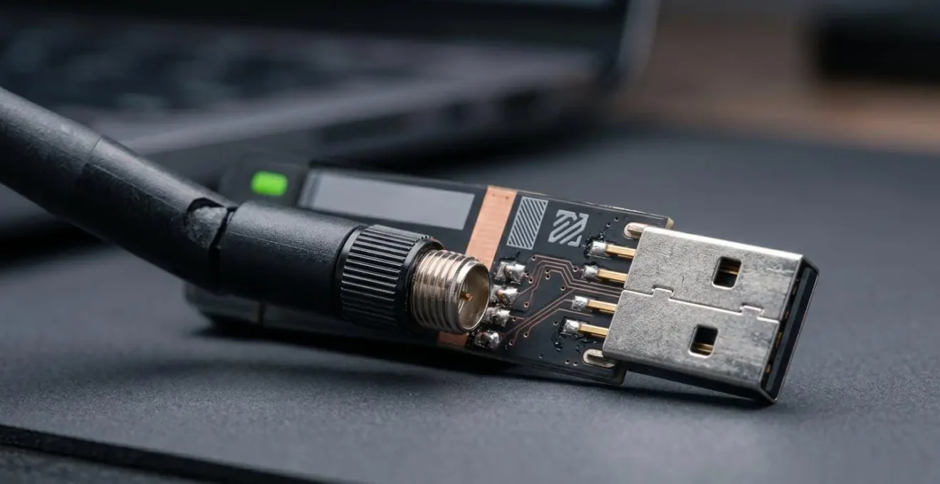 Carte réseau sans fil spécialisée avec antenne pour audit de sécurité WiFi sur fond technique