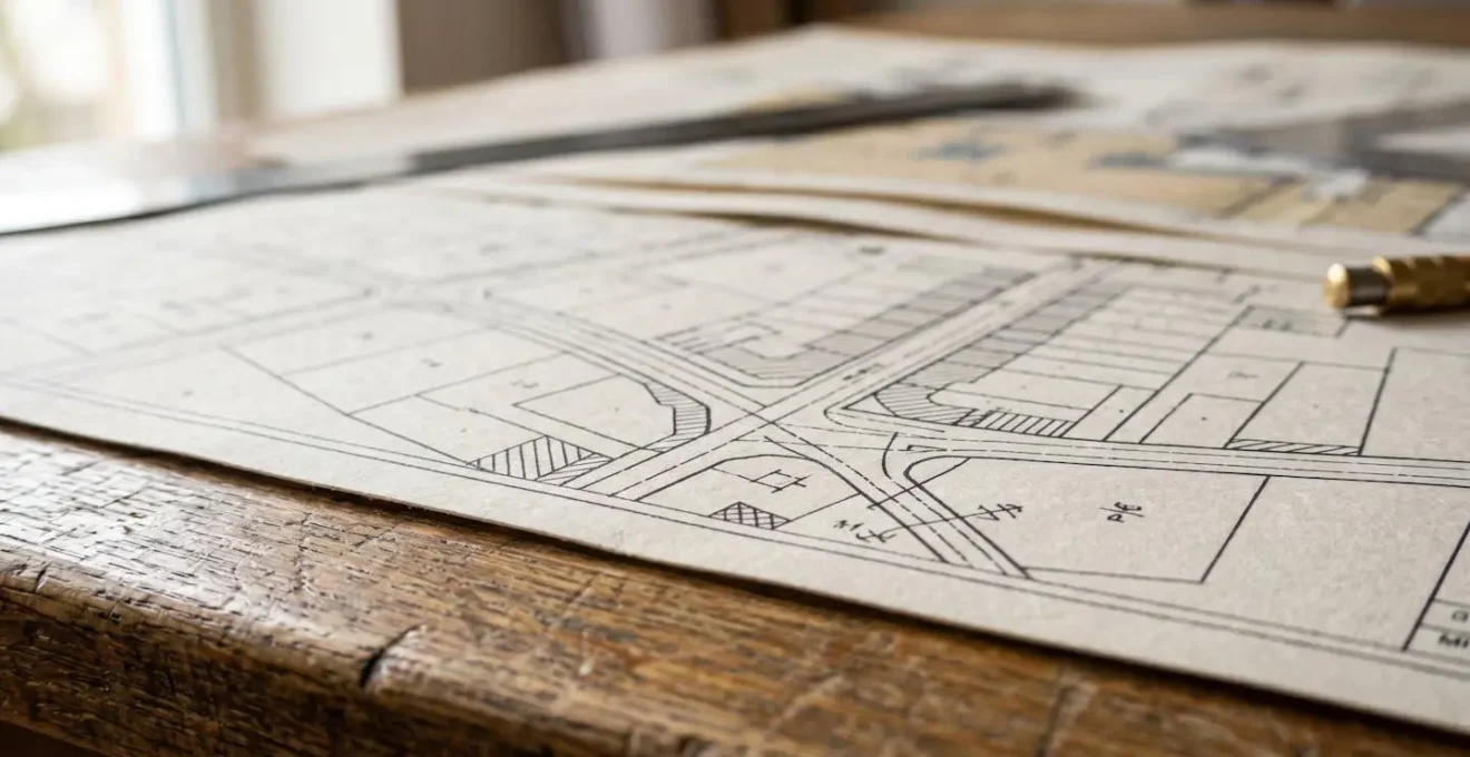 Photographie macro de documents administratifs d'urbanisme avec plans cadastraux et regles de construction illustrant la preparation d'un dossier de division parcellaire