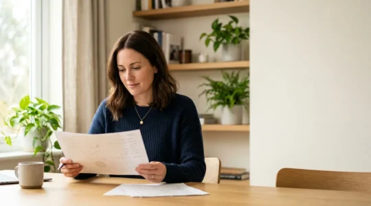 Gestionnaire de budget analysant avec sérénité ses options de modulation de crédit immobilier