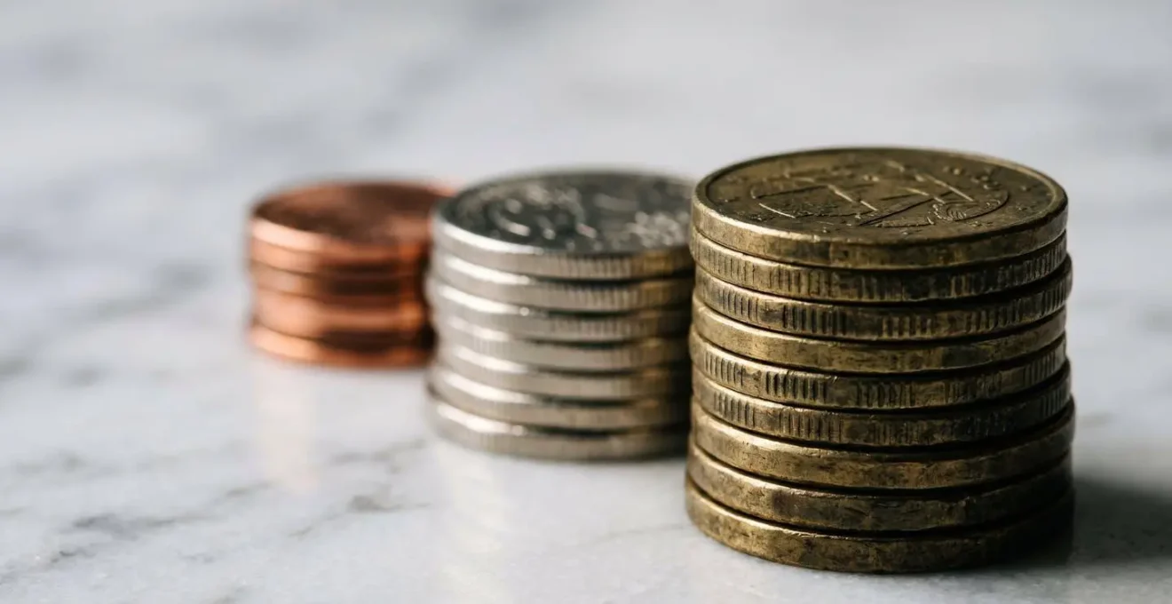 Trois piles de pièces de monnaie de hauteurs différentes symbolisant les coûts des garanties immobilières