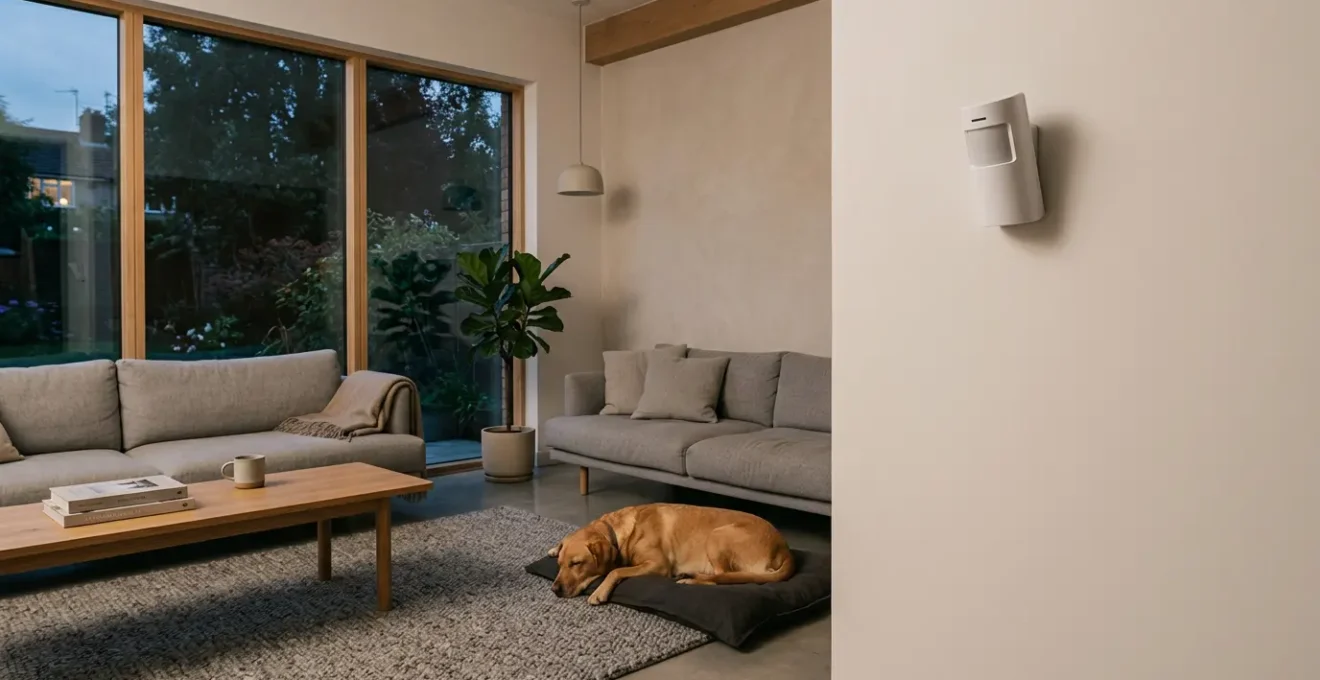 Détecteur de mouvement infrarouge installé dans un intérieur moderne avec présence d'un animal domestique