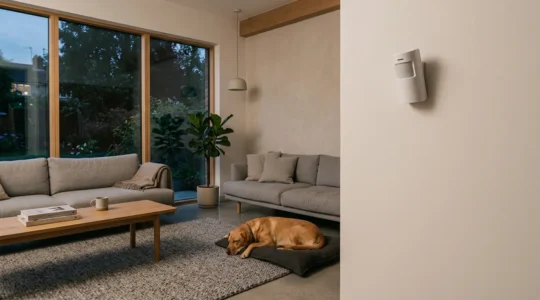 Détecteur de mouvement infrarouge installé dans un intérieur moderne avec présence d'un animal domestique