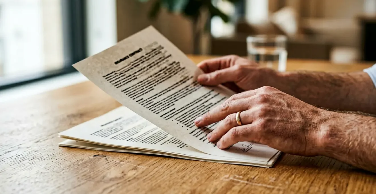 Mains tenant un document de contrat d'assurance avec lumière naturelle révélant les détails