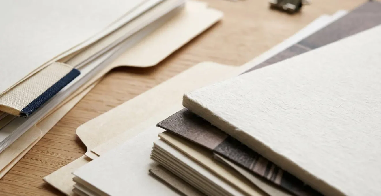 Ensemble de documents administratifs soigneusement organisés sur un bureau avec classeurs et stylo dans une lumière douce