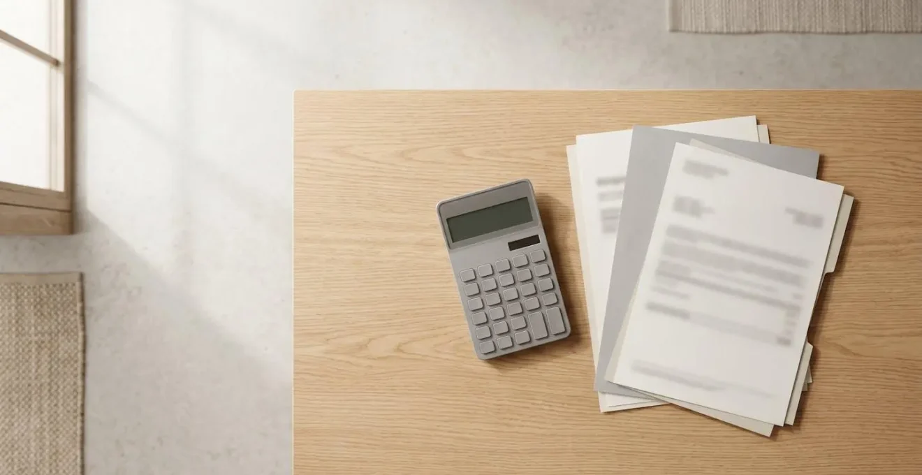 Vue aérienne minimaliste d'une table avec calculatrice et documents de charges immobilières
