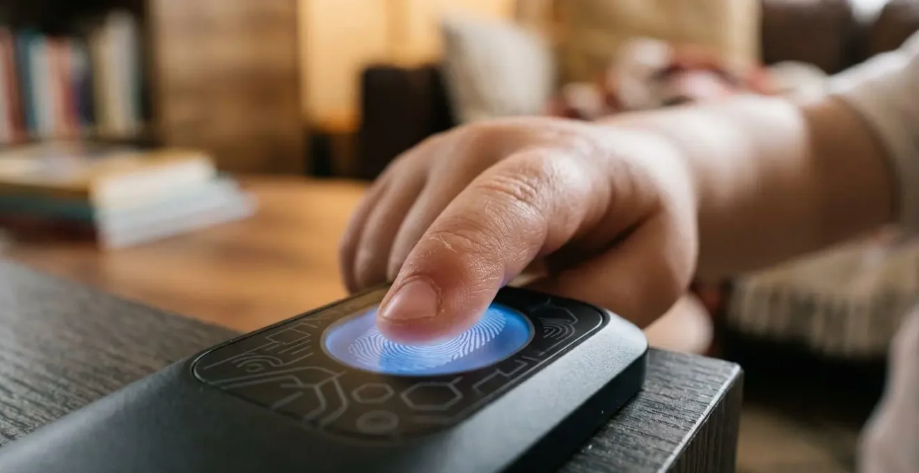 Gros plan sur l'enregistrement d'une empreinte digitale d'enfant sur un capteur biométrique moderne