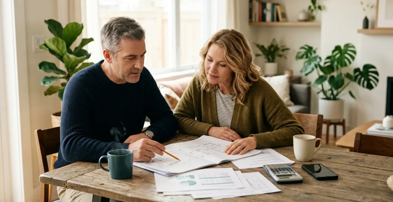 Couple examinant des documents de rénovation énergétique sur une table avec des plans et calculatrice dans une ambiance chaleureuse