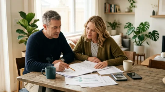 Couple examinant des documents de rénovation énergétique sur une table avec des plans et calculatrice dans une ambiance chaleureuse