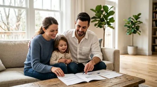 Famille sereine protégée par une couverture d'assurance décès adaptée à leur budget
