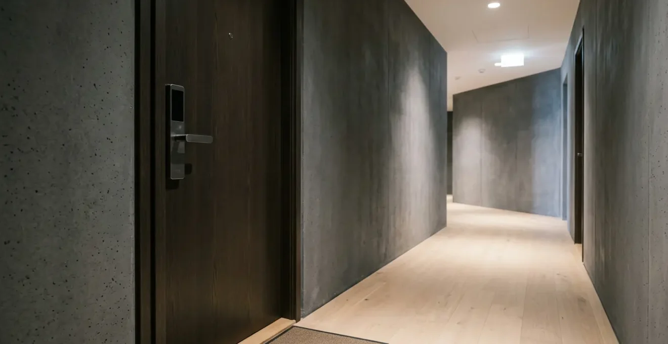 Vue d'ensemble d'une porte d'appartement moderne équipée d'une serrure connectée pour location courte durée