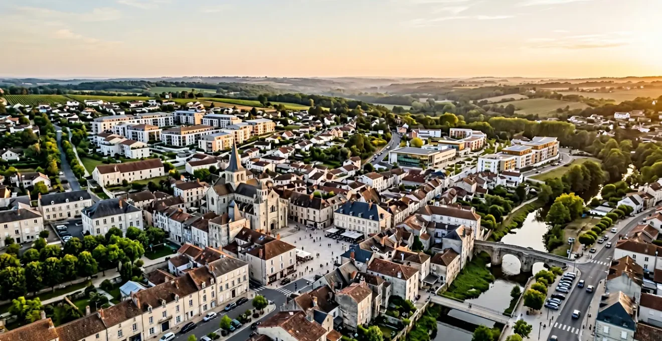 Vue panoramique d'une ville moyenne française avec architecture urbaine moderne et traditionnelle illustrant le dynamisme du marché immobilier locatif