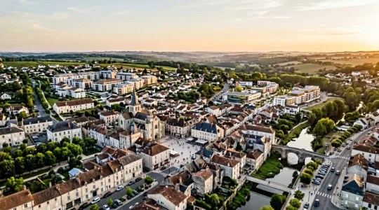 Vue panoramique d'une ville moyenne française avec architecture urbaine moderne et traditionnelle illustrant le dynamisme du marché immobilier locatif