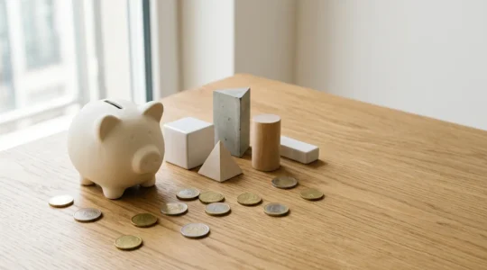 Scène minimaliste représentant l'épargne et l'investissement immobilier progressif