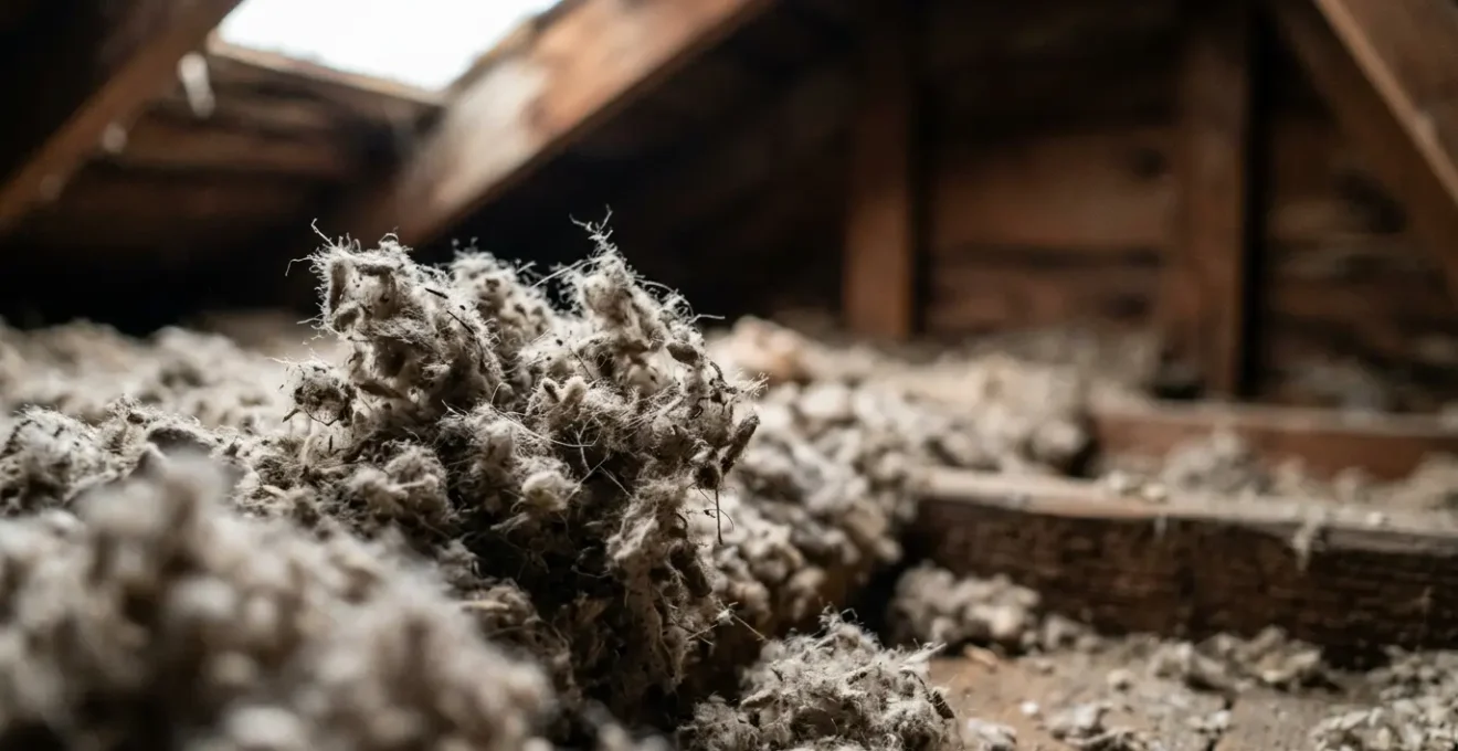 Gros plan sur des fibres d'isolant soufflé dans des combles avec lumière naturelle douce
