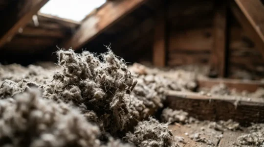 Gros plan sur des fibres d'isolant soufflé dans des combles avec lumière naturelle douce