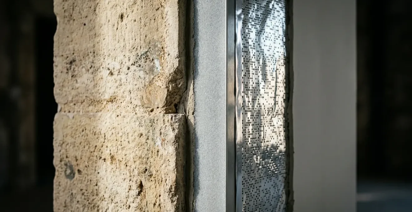 Coupe transversale d'un mur en pierre de taille avec isolation thermique intérieure ultra-mince et pare-vapeur