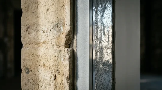 Coupe transversale d'un mur en pierre de taille avec isolation thermique intérieure ultra-mince et pare-vapeur