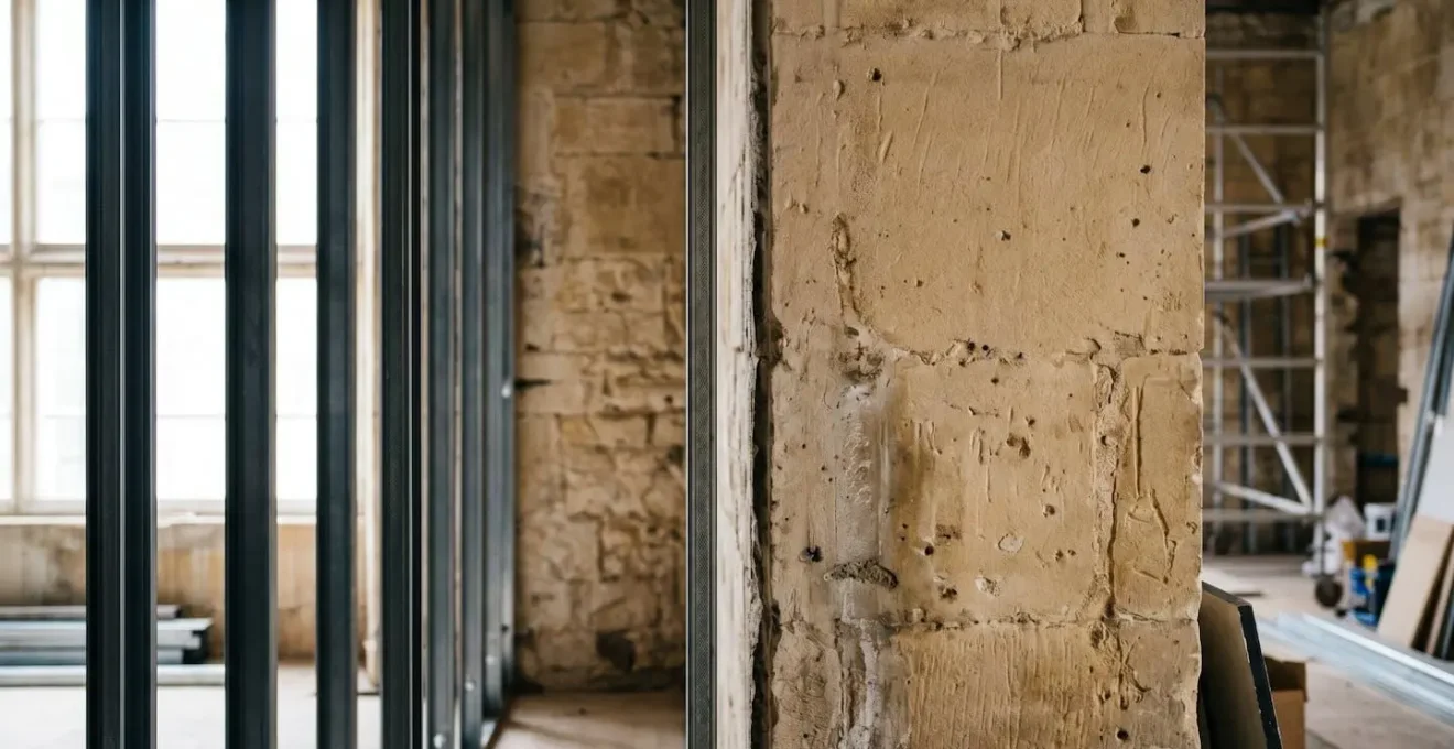 Schéma conceptuel d'une lame d'air entre un mur en pierre ancien et un système d'isolation intérieure
