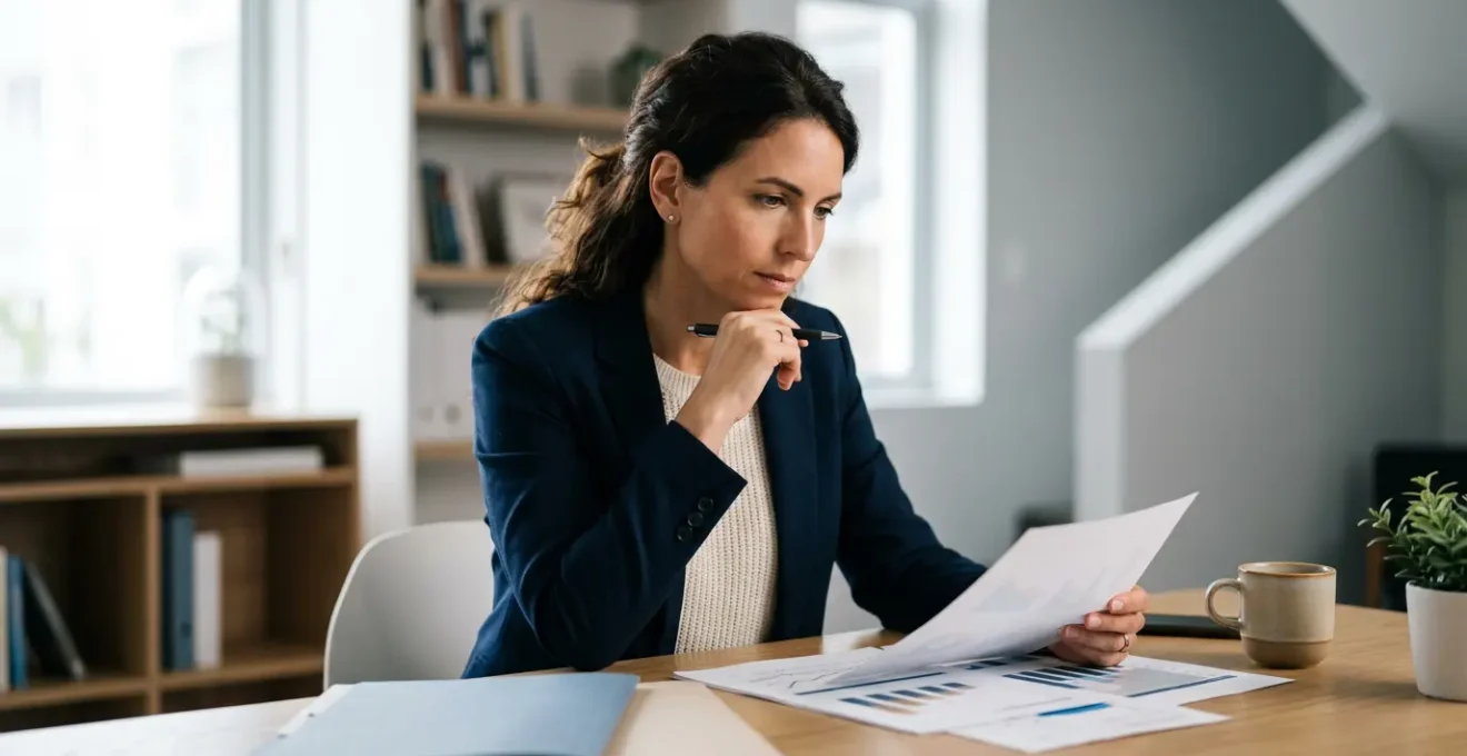 Professionnel analysant des documents d'assurance avec détermination dans un environnement moderne