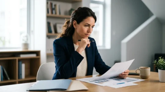 Professionnel analysant des documents d'assurance avec détermination dans un environnement moderne