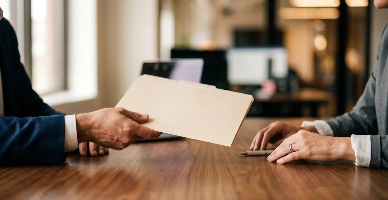 Scène de négociation professionnelle illustrant le processus de délégation d'assurance avec un conseiller