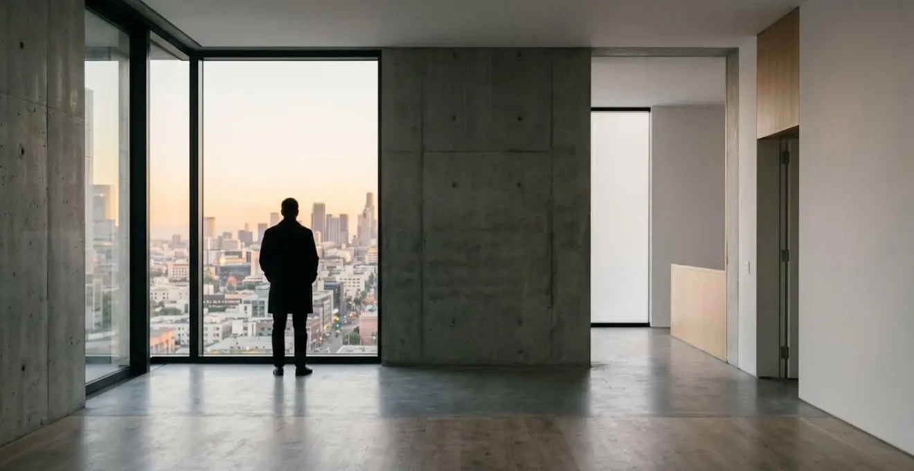 Composition minimaliste montrant l'équilibre entre présent et futur avec des éléments architecturaux épurés