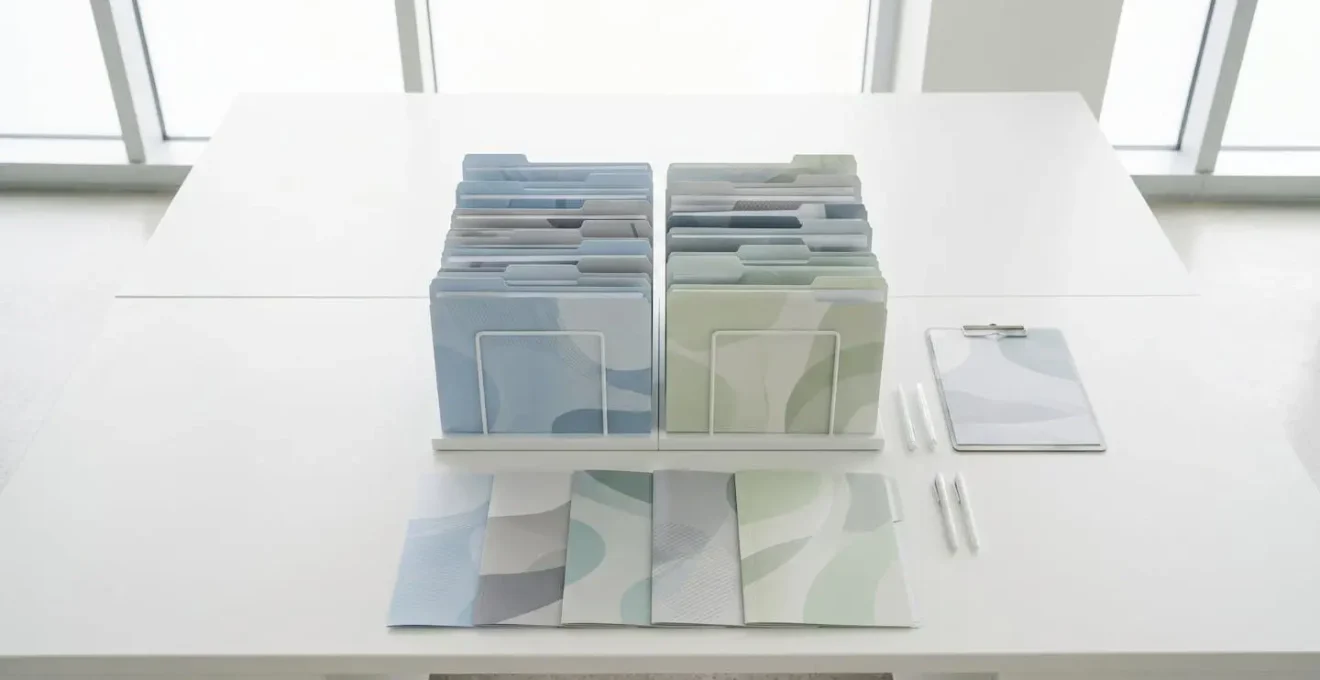 Composition épurée montrant des documents médicaux organisés sur un bureau minimaliste avec lumière naturelle