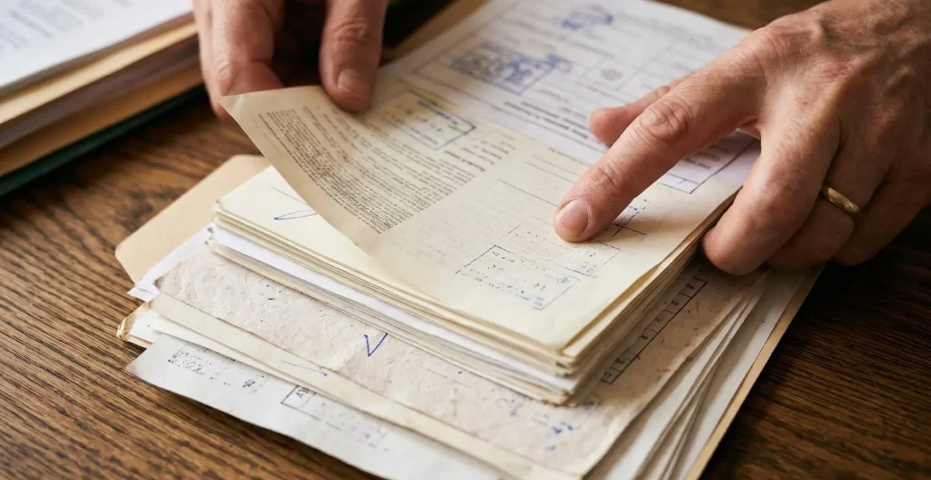 Vue rapprochée de mains organisant méticuleusement des documents médicaux et rapports officiels sur une table