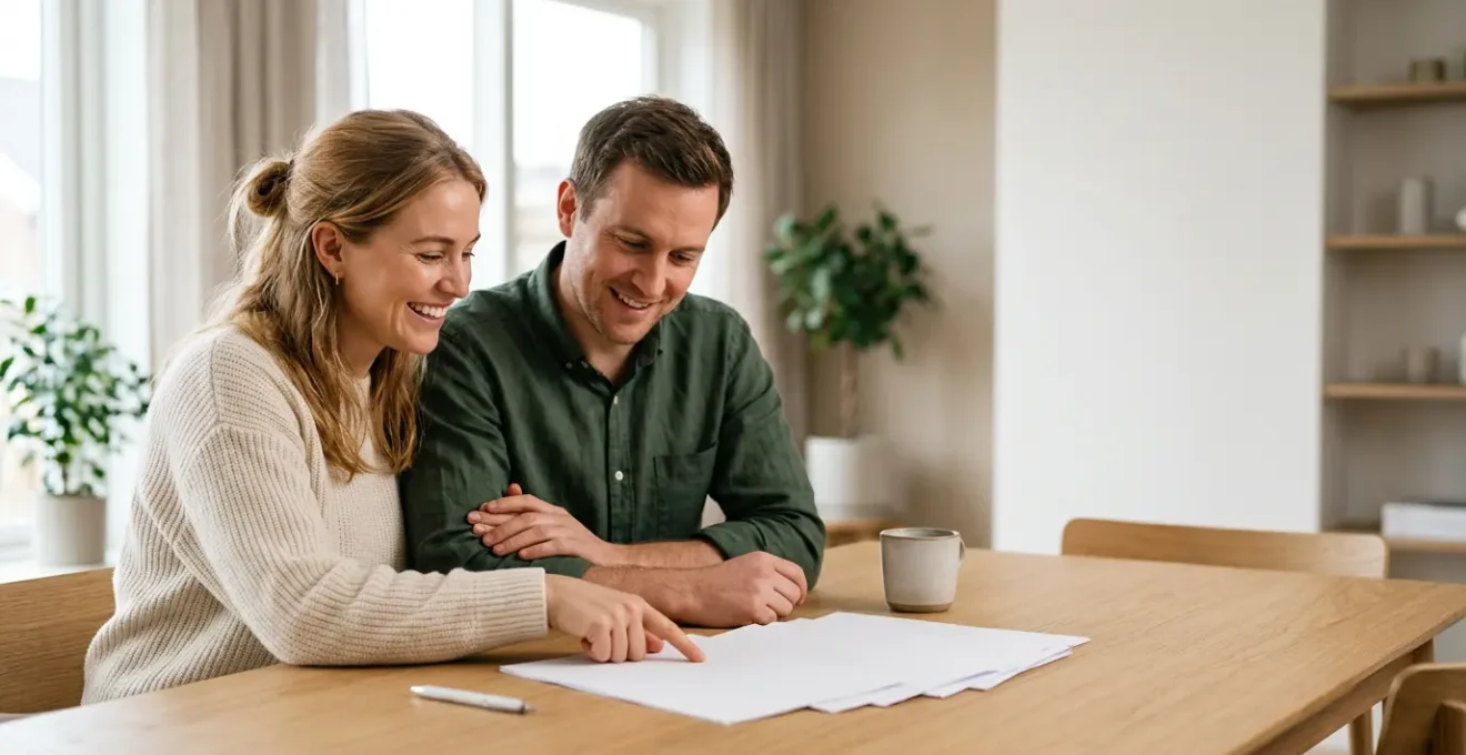 Jeune couple examinant des documents de financement immobilier avec enthousiasme dans un intérieur moderne et lumineux