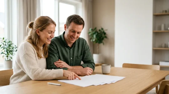 Jeune couple examinant des documents de financement immobilier avec enthousiasme dans un intérieur moderne et lumineux
