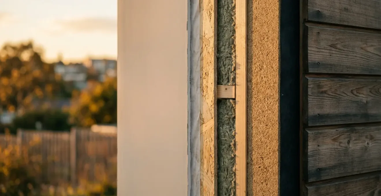Détail architectural d'une maison rénovée avec isolation visible sous un éclairage naturel chaleureux