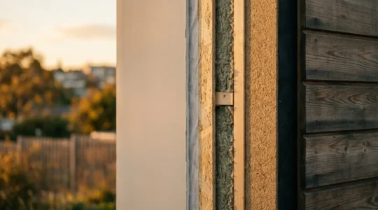 Détail architectural d'une maison rénovée avec isolation visible sous un éclairage naturel chaleureux