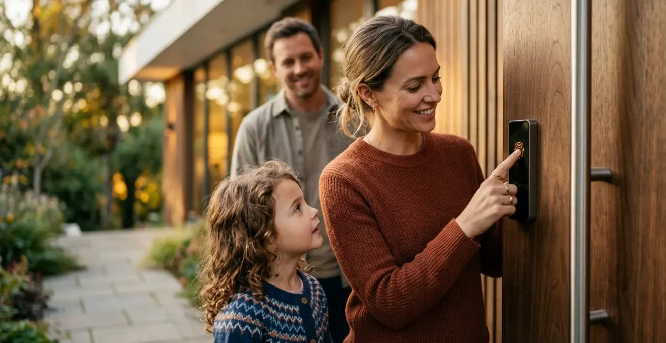 Famille entrant dans une maison moderne avec système de sécurité biométrique