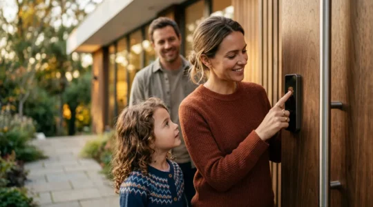 Famille entrant dans une maison moderne avec système de sécurité biométrique