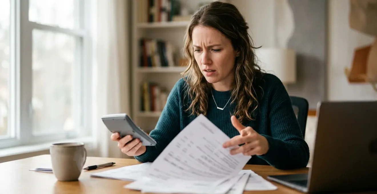 Personne devant des documents financiers complexes avec expression de confusion et calculatrice