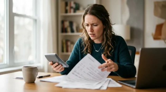 Personne devant des documents financiers complexes avec expression de confusion et calculatrice