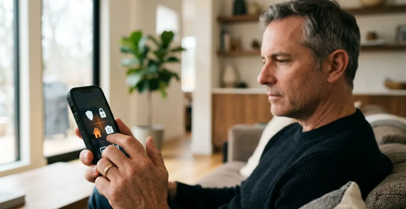 Smartphone moderne contrôlant un système de sécurité domotique dans une maison connectée