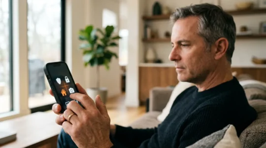 Smartphone moderne contrôlant un système de sécurité domotique dans une maison connectée