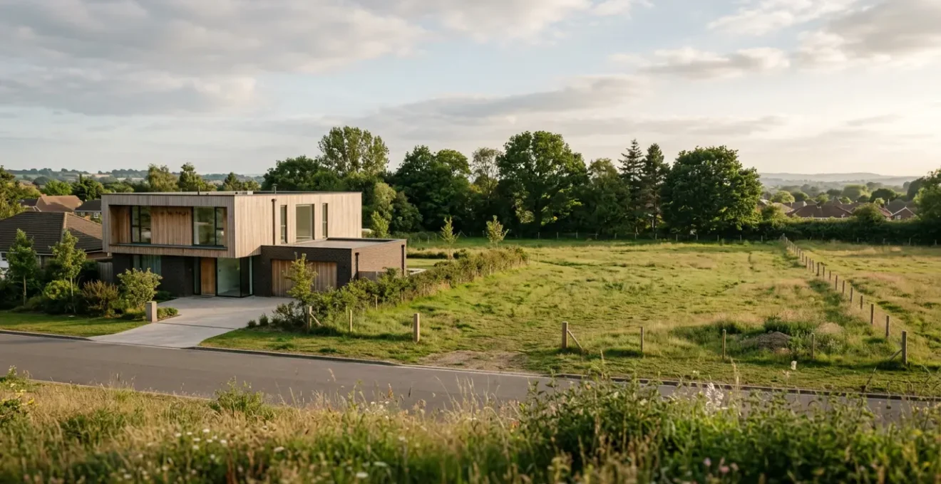 Photographie editoriale d'une maison moderne en zone periurbaine avec grand terrain divisible illustrant la strategie de rentabilite immobiliere