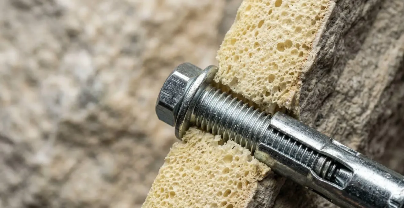 Détail d'une cheville métallique traversant un complexe isolant mince pour atteindre un mur en pierre