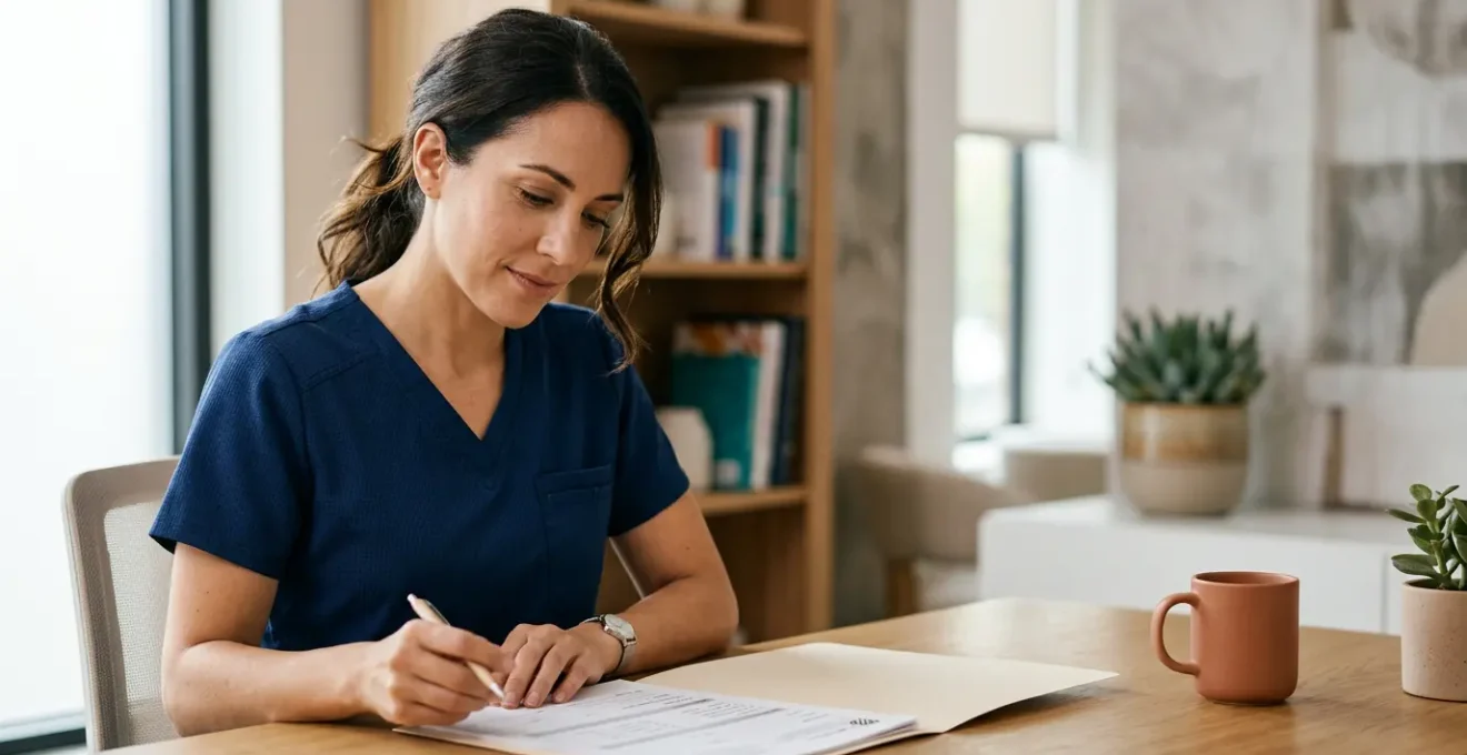 Professionnel médical examinant des documents administratifs dans un environnement médical moderne et rassurant