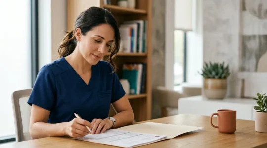 Professionnel médical examinant des documents administratifs dans un environnement médical moderne et rassurant