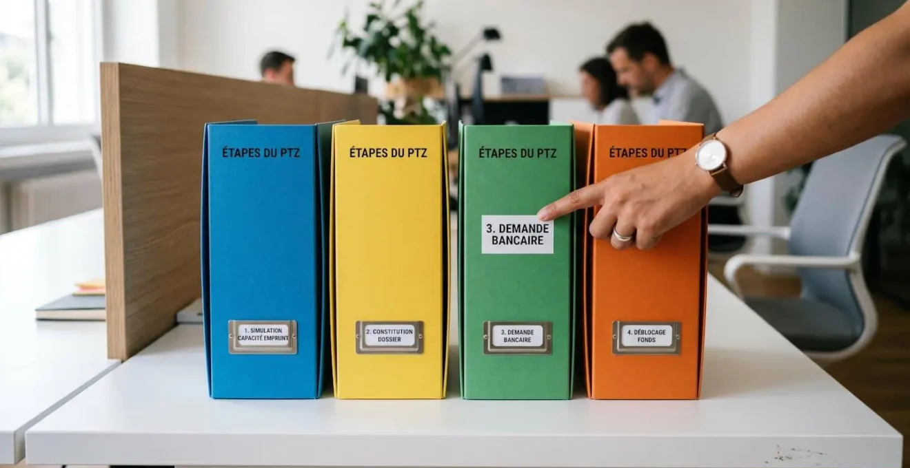 Bureau avec quatre dossiers colorés alignés horizontalement, étiquetés des étapes du processus PTZ en français, main de conseiller pointant vers l'étape 3 demande bancaire