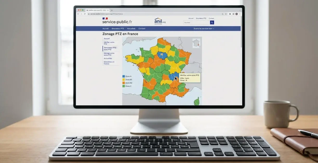 Écran d'ordinateur affichant la carte interactive officielle du zonage PTZ en France avec zones A, B1, B2 et C colorées, curseur pointant sur Lyon en zone A